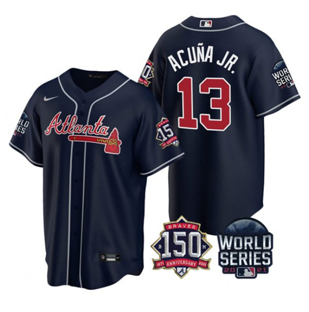 Youth Atlanta Braves #13 Ronald Acuña Jr 2021 Navy World Series Champions With 150th Anniversary Cool Base Stitched Jersey